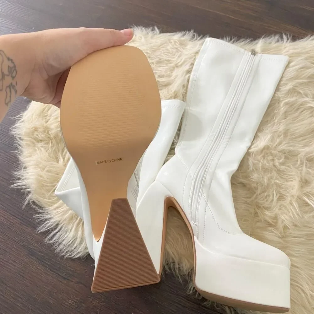Chunky White Faux Leather Platform Knee High Heel Triangle Heels Boots US 7